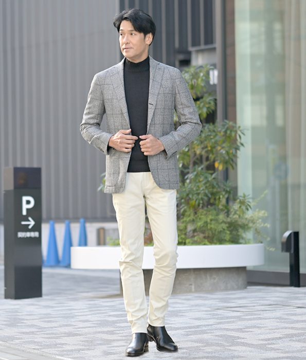 「ダサい」「イタイ」を避ける大人のメンズファッション例　BARBAのグレンチェックジャケットを使った40代50代のディナースタイル