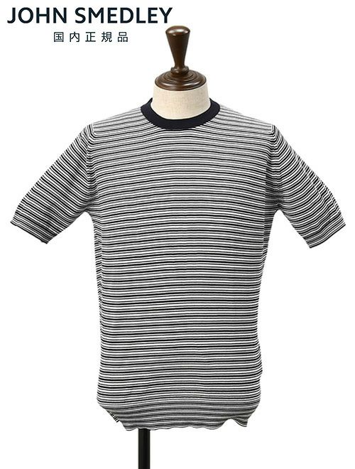 ジョンスメドレー マルチボーダー柄 半袖 ネイビー×ホワイト