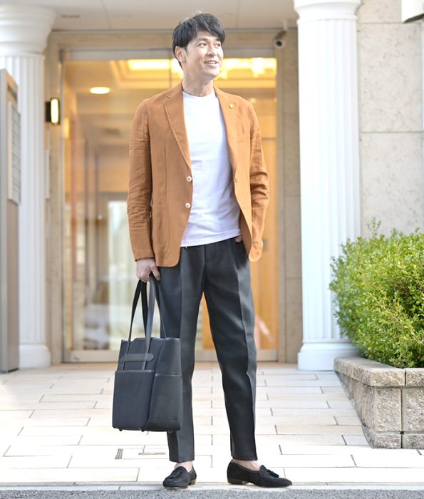 GIANNETTO/ジャンネットのシアサッカージャケット「CORALLO/コラッロ」モデルオレンジを使ったコーディネート