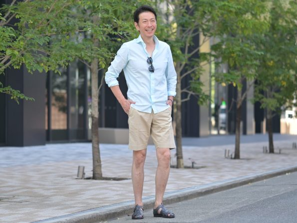 ジャンネット/GIANNETTOのミントブルーのコットンシャツの着こなし