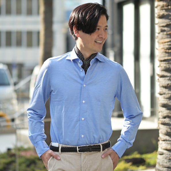 フィナモレのウールジャージーの長袖カジュアルシャツ