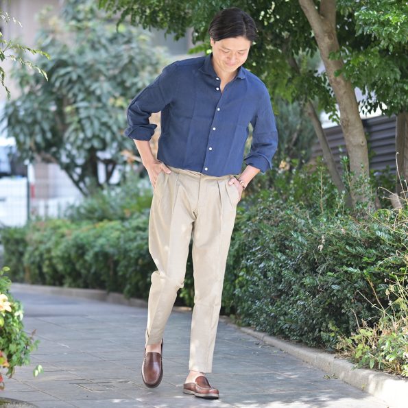 フィナモレのリネンシャツ長袖カジュアルシャツを使ったコーディネート