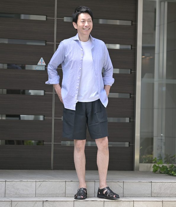 ハーフパンツとの相性も抜群なパラブーツのグルカサンダル、パシフィックを足元に取り入れた大人の夏の着こなし