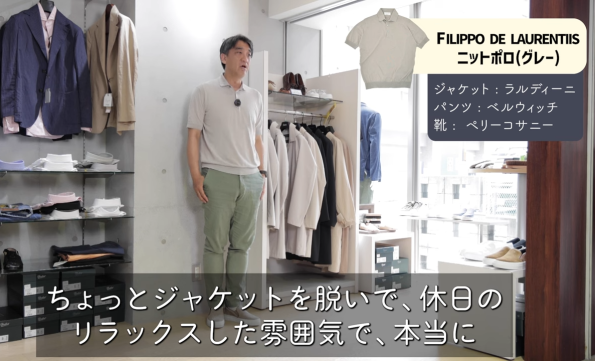 FILIPPO DE LAURENTIIS / フィリッポ・デ・ローレンティス のニットポロを使った大人カジュアルコーデ