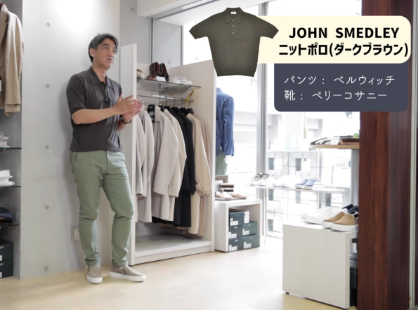 JOHN SMEDLEY / ジョンスメドレーのダークブラウンニットポロを使ったネイチャーカラーで統一した着こなし