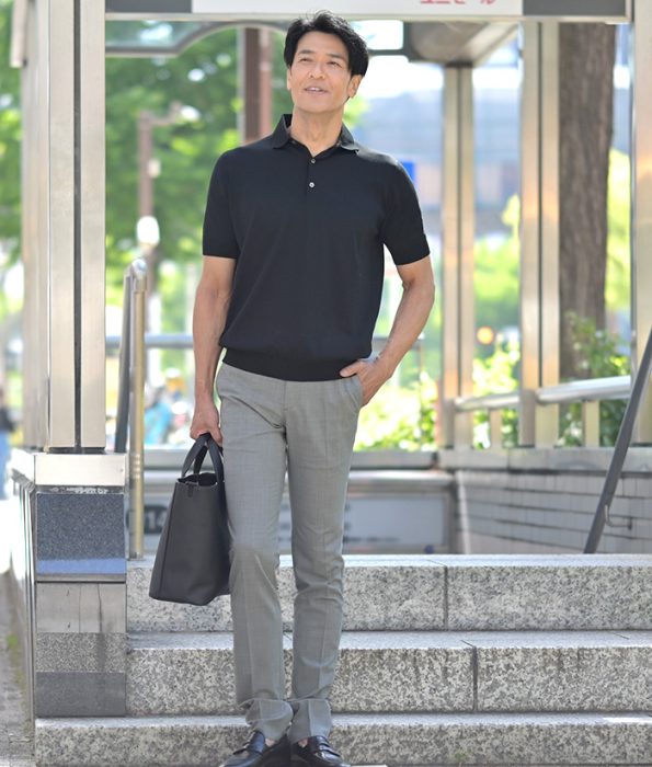 FILIPPO DE LAURENTIIS / フィリッポ・デ・ローレンティス のニットポロを使ったバランスの良いサイズ感での大人コーデ 