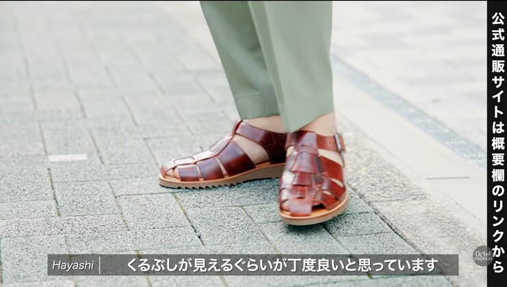 くるぶし見せのパンツ丈にレザーサンダルを合わせた清涼感のある足元コーディネート