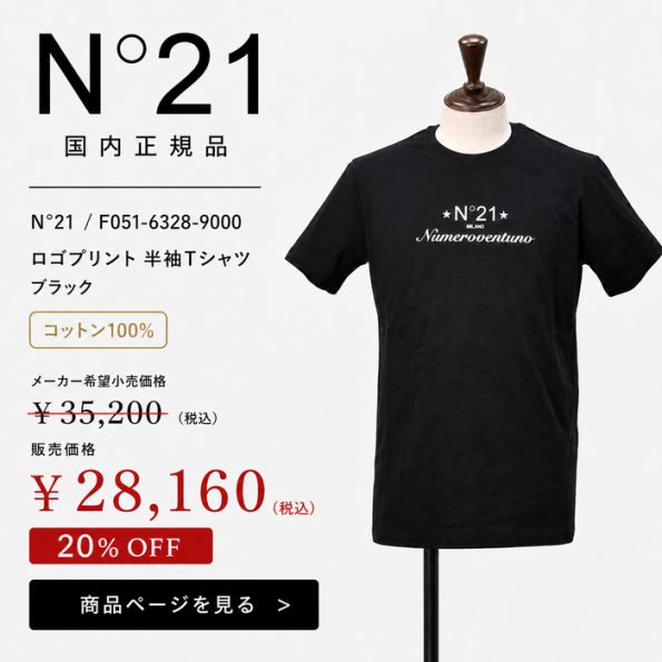 N°21(ヌメロ ヴェントゥーノ)ロゴプリント半袖ブラックカットソー