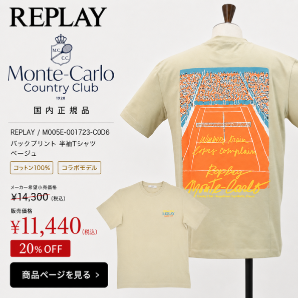 REPLAY×Monte Carlo Country Club コラボ プリント半袖カットソー(ホワイト)