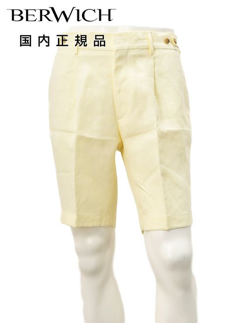 ベルウィッチ　プリーツショーツ　ハーフパンツ　オフホワイト　クリーム　リネン　ベルトショート