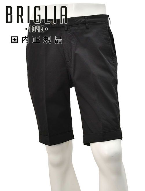 ブリリア　ハーフパンツ　ノープリーツショーツ　コットンストレッチ　ブラック　黒　テーパードシルエット