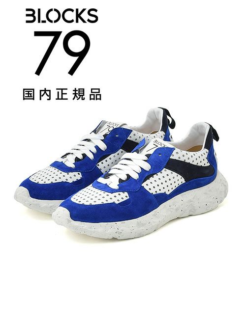 ブロックス79　レザースニーカー　レースアップシューズ　COBI　パンチングデザイン　ブルー×ホワイト　厚底ソール