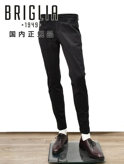 ブリリア　コットンパンツ　チノスラックス　ストレッチツイル　ノープリーツ　ブラック　テーパードフィット