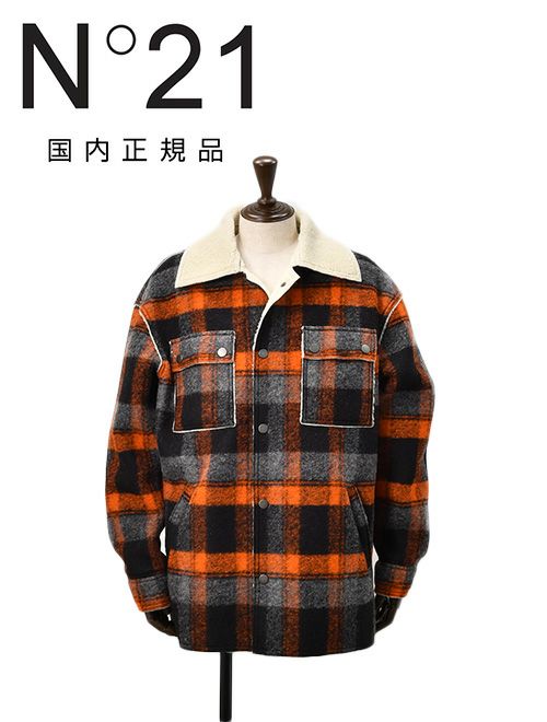 ヌメロ ヴェントゥーノ　チェック柄ブルゾン　マッキノウジャケット　ウール混生地　レッド×チャコール　 裏ボア仕様　リラックスシルエット