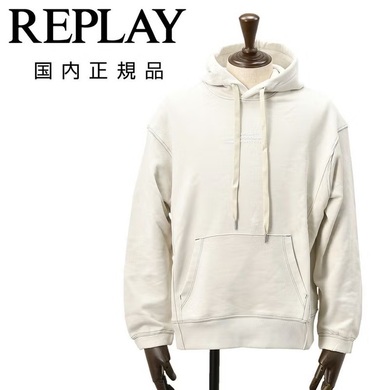 リプレイ　プルオーバーパーカー　コットンスウェット　ライトベージュ　エンボスラバープリント　裏パイル仕様　コットンテリー