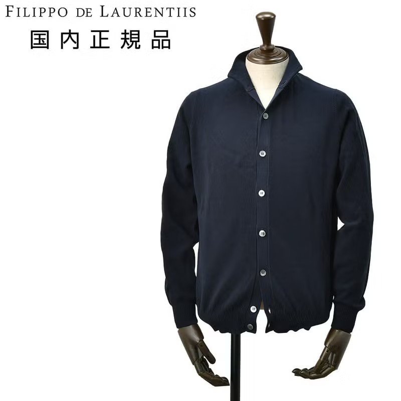 フィリッポ デ ローレンティス　立ち襟ニットカーディガン　ネイビー　紺　無地　ニットブルゾン　クレープコットン