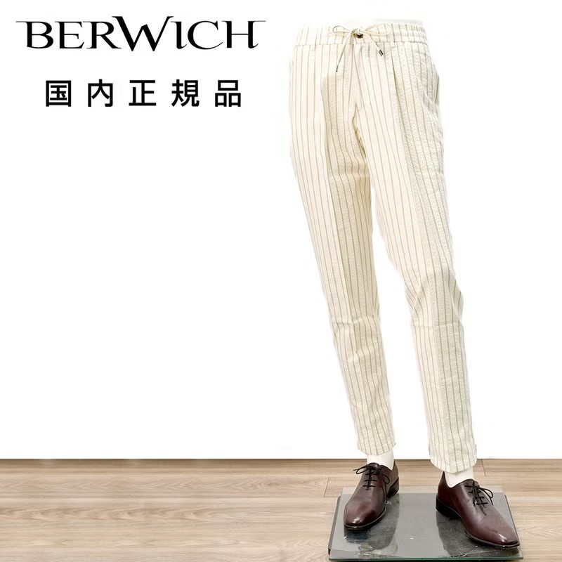 ベルウィッチ　イージーパンツ　ストライプ柄パンツ　アイボリー×ブラウン　サケ　シアサッカー　ドローコード
