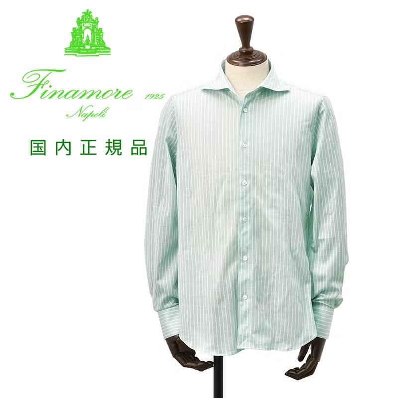 フィナモレ　長袖ストライプ　コットンジャージーシャツ　DENVER SIMONE　ミントグリーン　ブランドロゴ入り貝釦　シモーネ