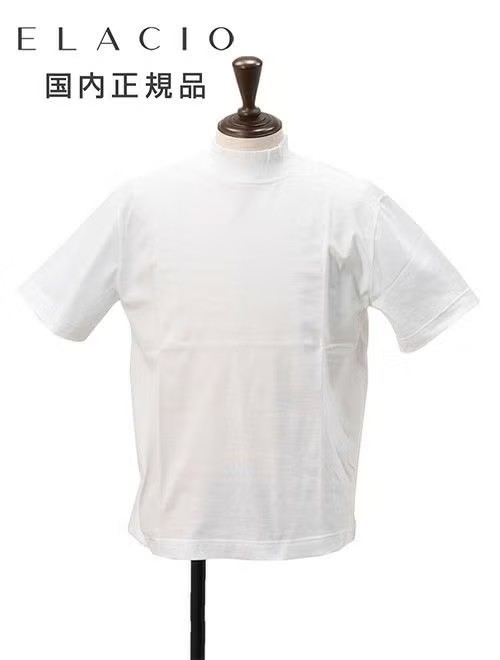 エラシオ　モックネック半袖Tシャツ　ショートスリーブカットソー　コットンスムースジャージー　白　ホワイト　無地デザイン