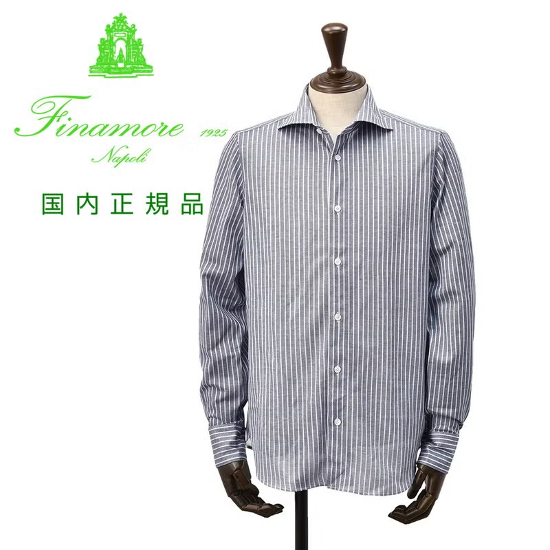 フィナモレ　長袖ストライプ柄シャツ　コットンジャージーシャツ　DENVER SIMONE　シモーネ　ネイビー×ホワイト　ブランドロゴ入り貝釦