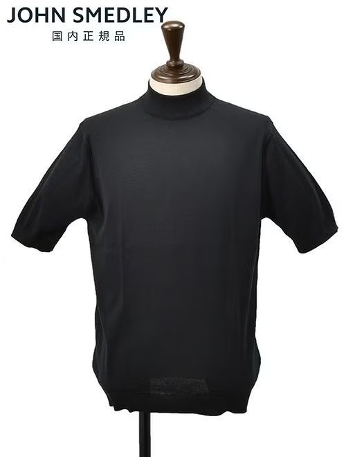 ジョンスメドレー　モックネックニット　半袖ニット　ARBER　シーアイランドコットン　ブラック　ハイゲージ