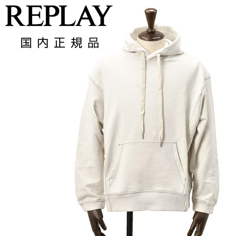 リプレイ　プルオーバーパーカー　コットンスウェット　ライトベージュ　エンボスラバープリント　コットンテリー　リラックスフィット