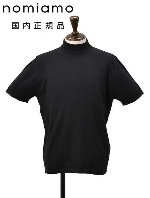 ノミアモ　半袖ニットTシャツ　モックネック　ショートスリーブ　ブラック　黒　ハイゲージ