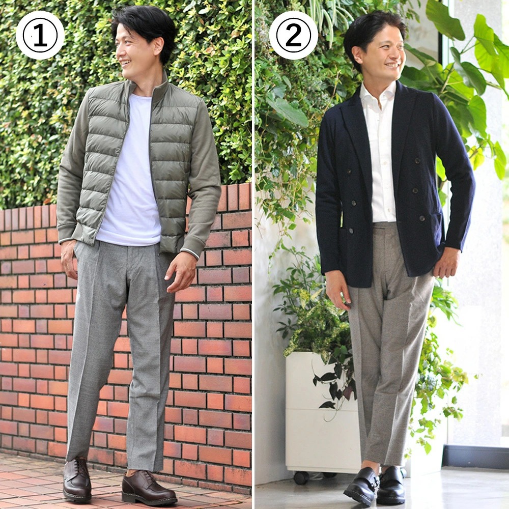 襟無し、襟つき、どっちがいい？　ライトダウンを着た男性モデルとジャケットを着た男性モデルの比較画像