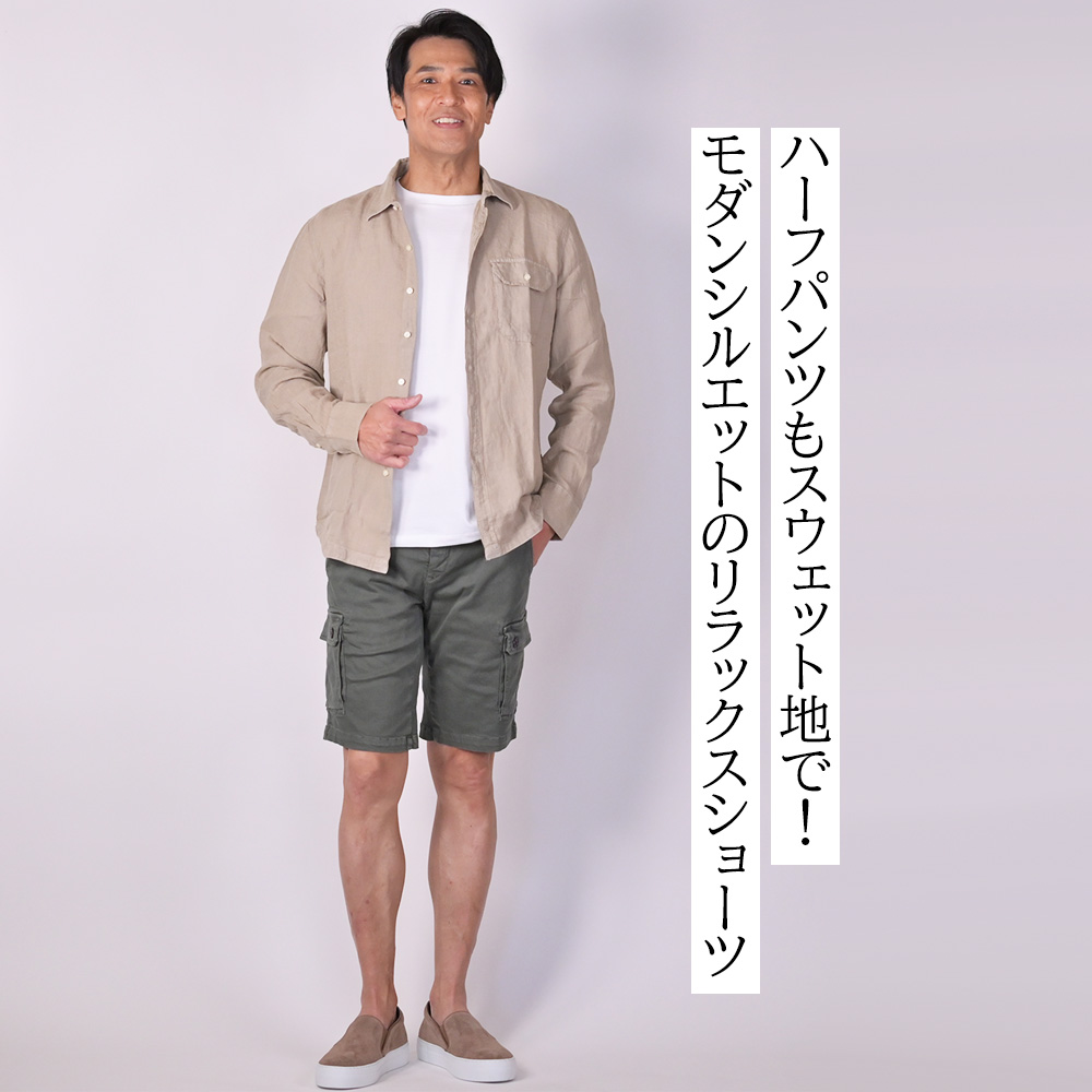 リプレイ（REPLAY）モデル全身コーディネート画像　ハーフパンツもスウェット地で！モダンシルエットのリラックスショーツ
