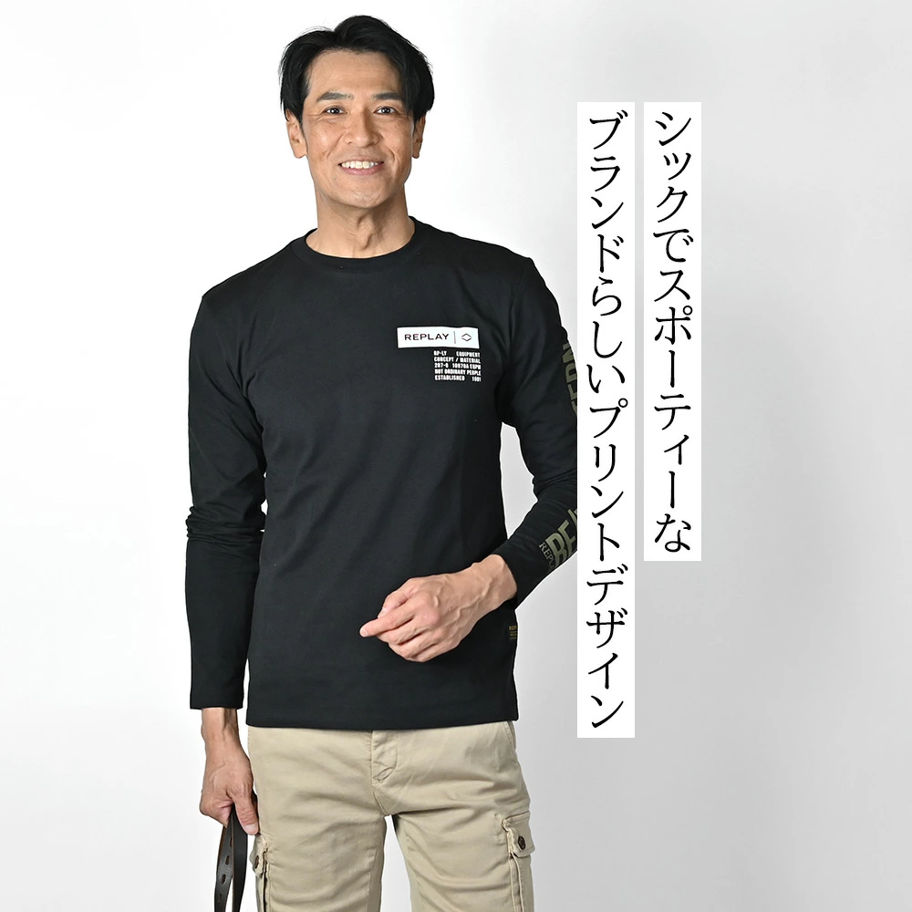リプレイ（REPLAY）モデル全身コーディネート画像　シックでスポーティーなブランドらしいプリントデザイン