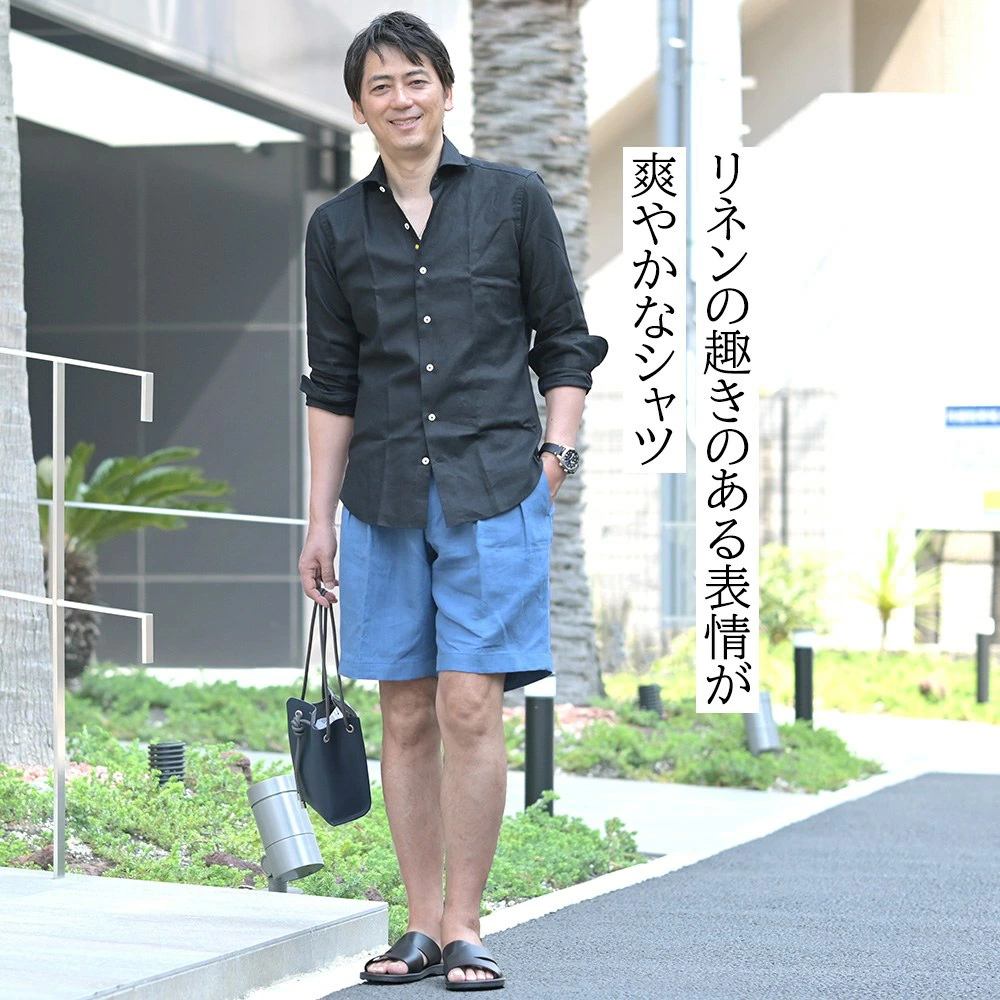 ジャンネット（Giannetto）モデル全身コーディネート画像　リネンの趣きのある表情が爽やかなシャツ