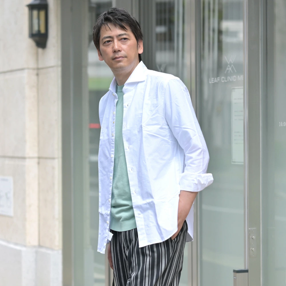 ジャンネット　Giannetto　モデル着用バストアップ画像　オックスフォードシャツ
