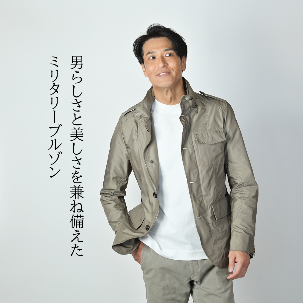 ムーレー（MooRER）モデル着用バストアップ画像　男らしさと美しさを兼ね備えたミリタリーブルゾン