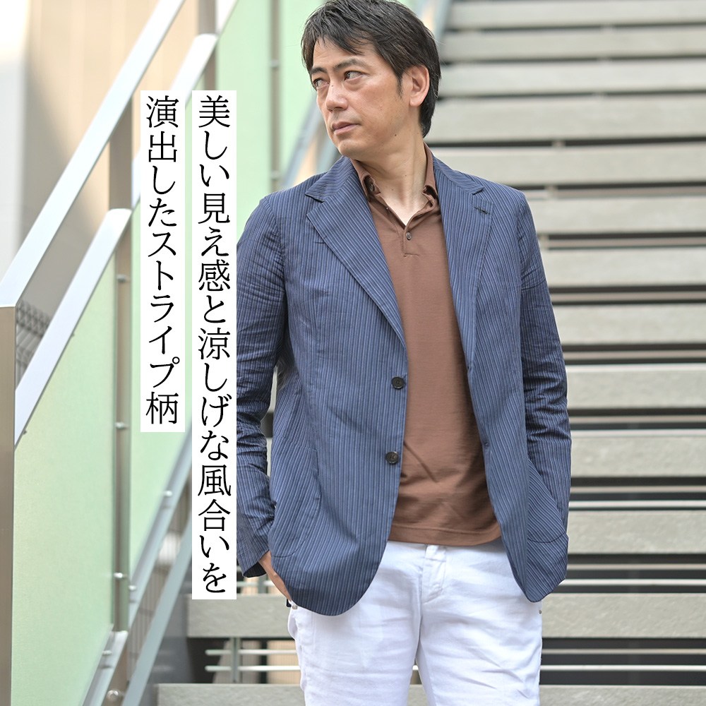 フィンジャック　Finjack　ジャケット着用モデルのバストアップ　美しい見え感と涼しげな風合いを演出したストライプ柄
