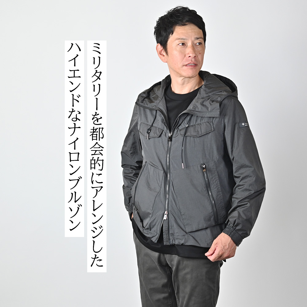 タトラス（TATRAS）LONTO（ロント）モデル着用バストアップ画像　ミリタリーを都会的にアレンジしたハイエンドなナイロンブルゾン