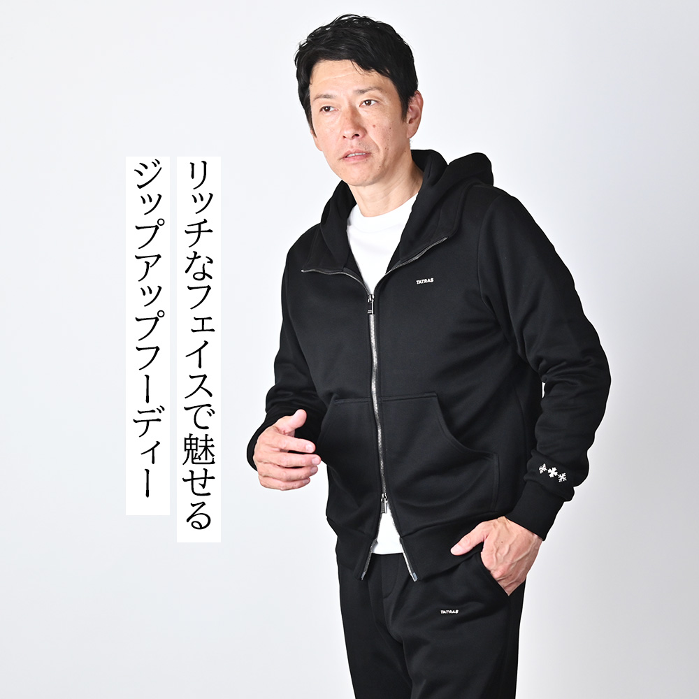 タトラス TATRAS FELDA（フェルダ）モデル着用バストアップ画像　リッチに魅せるシルケットコットンジップアップパーカー
