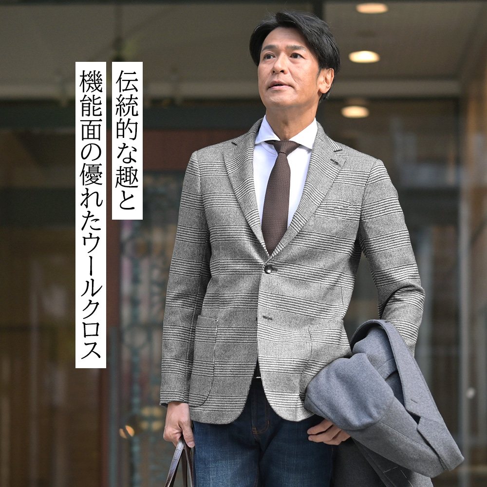 フィンジャック　Finjack　ジャケット着用モデルのバストアップ　美しい見え感と涼し気な風合いを演出したストライプ柄