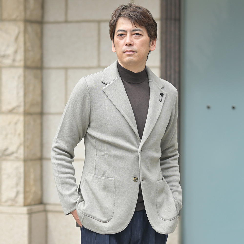 ラルディーニ（LARDINI）ミラノリブ コットンニットジャケット　ジャケット着用アップ画像
