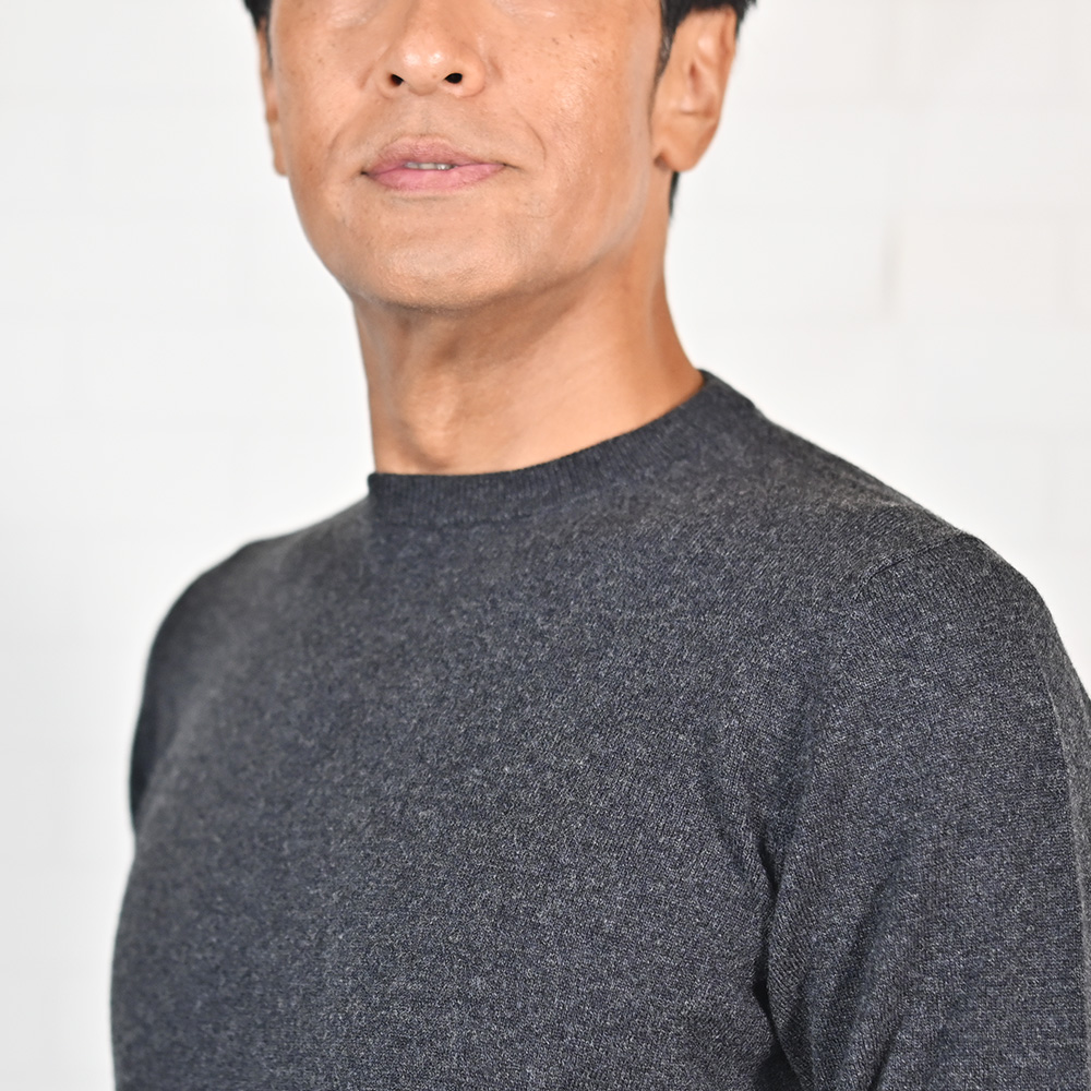 フィリッポ デ ローレンティス（FILIPPO DE LAURENTIIS）　ウールカシミア クルーネックニット　モデル着用バストアップ画像