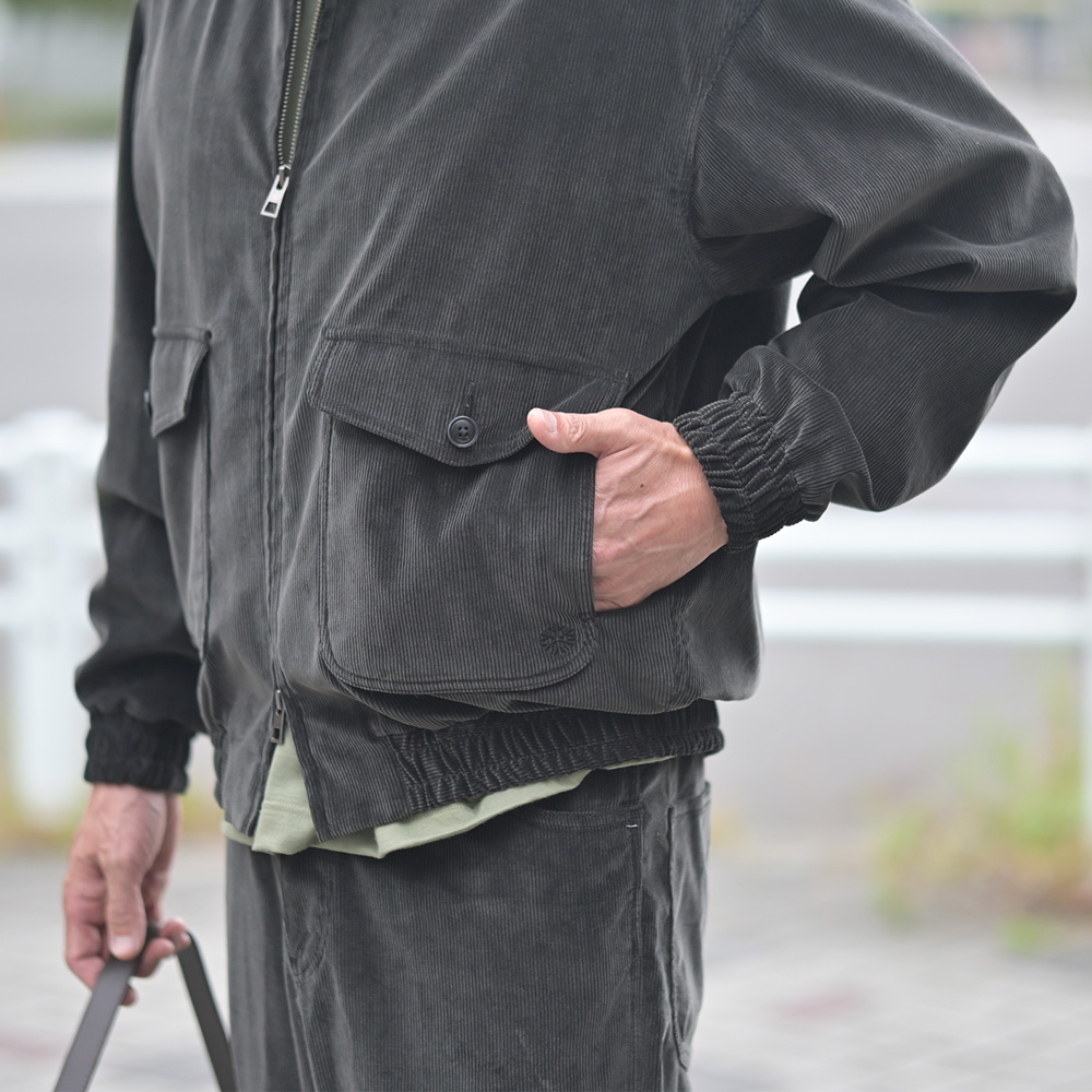 シーグリーン（Seagreen）コーデュロイ：ハリントンジャケット＆パンツセットアップ　ポケットのアップ