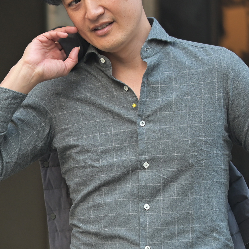 ジャンネット（Giannetto）モデル着用バストアップ画像　フランネルシャツ