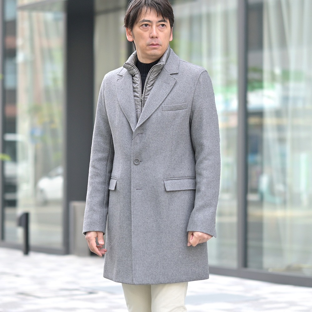 フィンジャック finjack チェスターコート　モデル着用上半身アップ画像