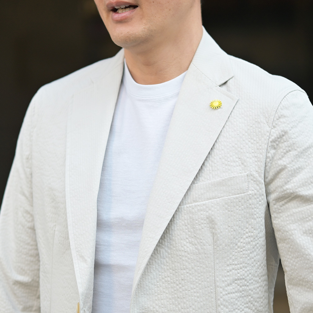 ジャンネット（Giannetto）CORALLO シアサッカー生地 シャツジャケット　モデル着用上半身アップ画像