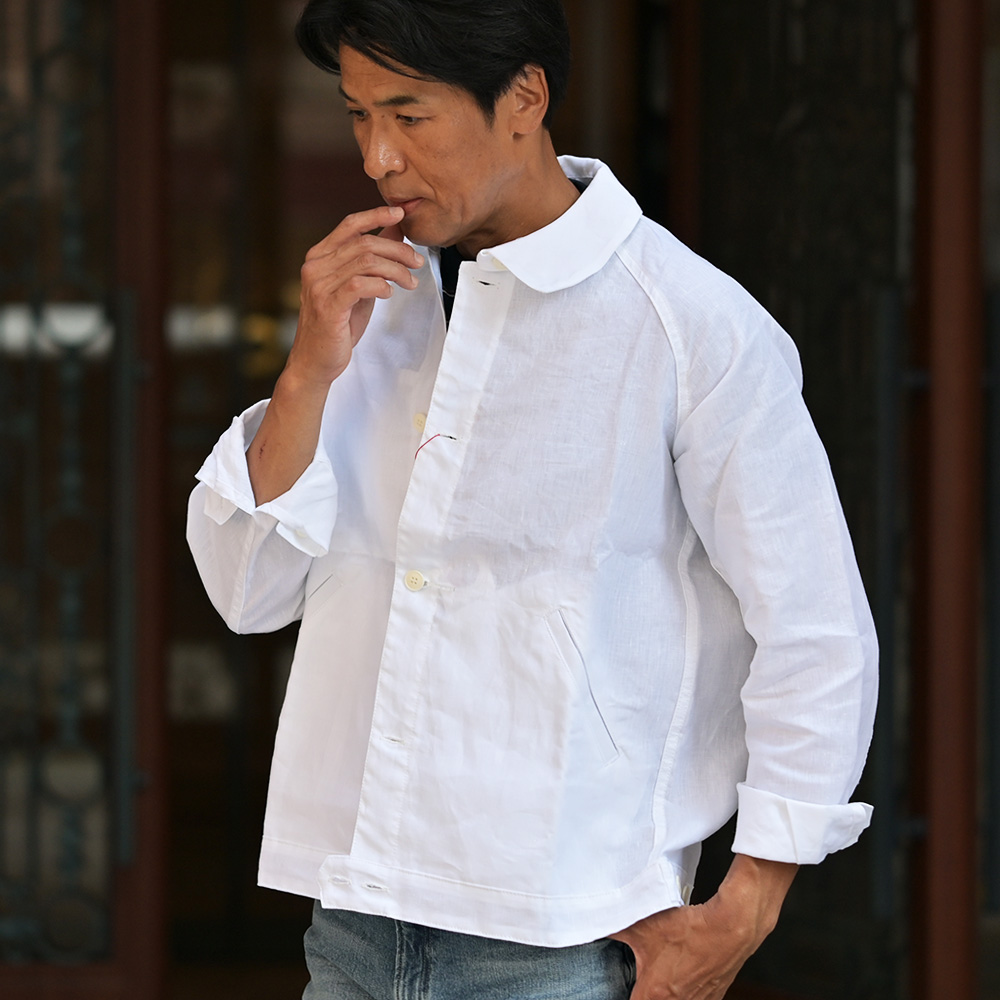 ル トラヴァイユール ガリス（LE TRAVAILLEUR GALLICE）LE BLOUSON アイリッシュリネン ワークジャケット　上半身アップ画像