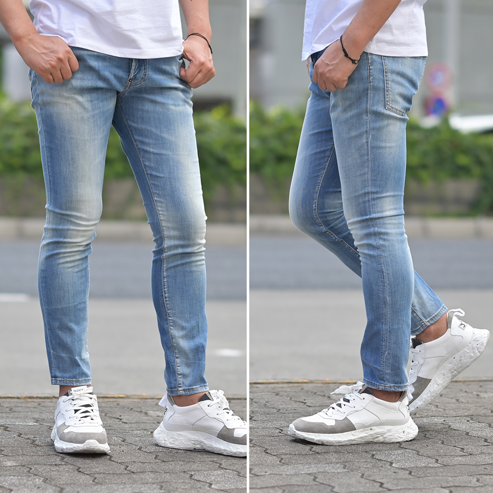 ディースクエアード（DSQUARED2）モデル全身コーディネート画像　Skater Jean テーパードデニム
